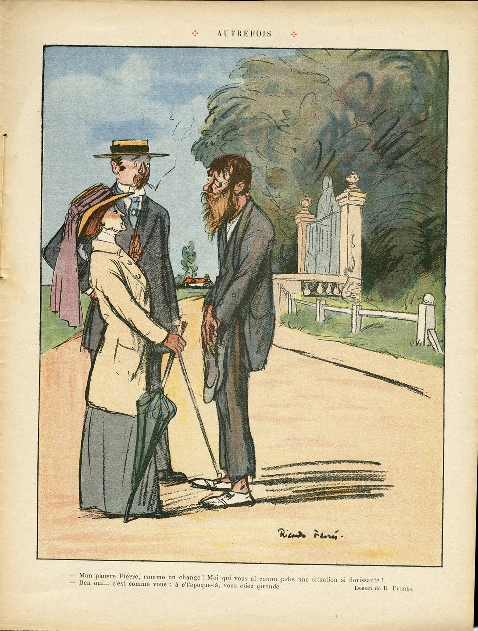 Ilustracja autorstwa Ricardo Floresa (1878-1918) w Le Lire, 1.06.12 - Dawniej - Wieś, Architektura miejska, Misere, Życie bogatych, Drzewo - Kobiety autorstwa Ricardo Flores