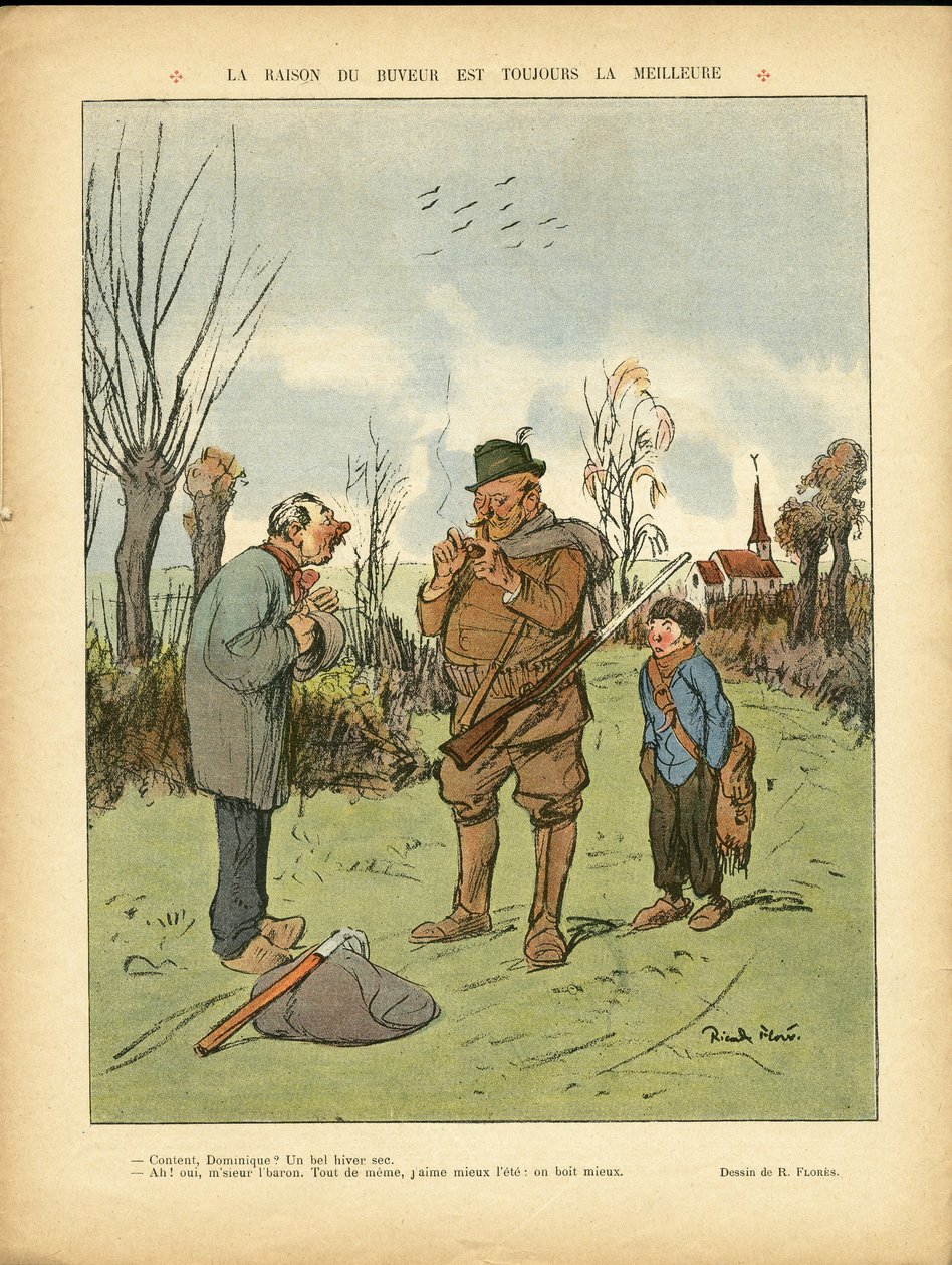 Ilustracja Ricardo Floresa (1878-1918) w Le Lire, 01.04.13 – Powód dla pijącego jest zawsze najlepszy – kampania, dzieciństwo, myśliwy, katedry, kościoły, alkoholizm autorstwa Ricardo Flores