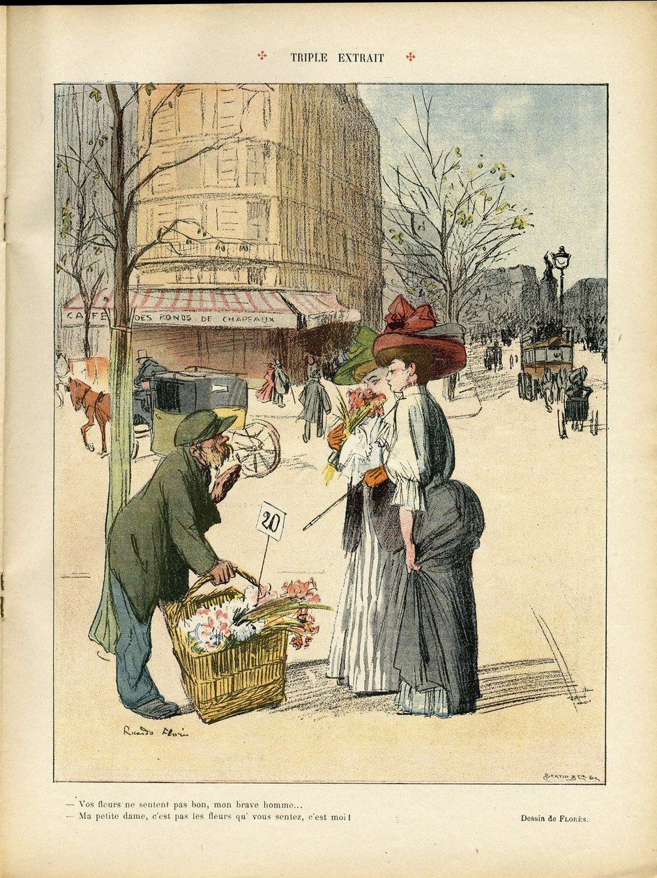 Ilustracja autorstwa Ricardo Floresa (1878-1918) w Le Rire, 25.04.08 - Potrójny fragment - Architektura Urbanistyka, Moda, Kapelusz, Transport, Kwiaty, Sklepy autorstwa Ricardo Flores