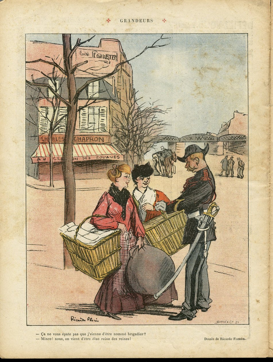 Ilustracja Ricardo Floresa (1878-1918) w Le Rire, 29.02.08 - Grandeur - Paryż, Zawody, Architektura Urbanistyka, Miłość, Sklepy, Metro - Praczki Praczki autorstwa Ricardo Flores
