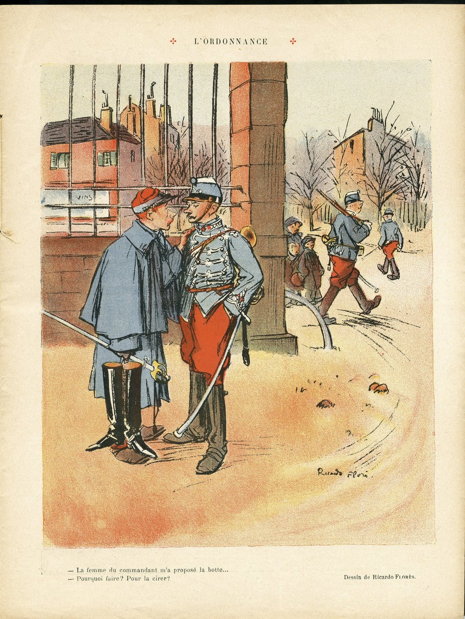 Ilustracja autorstwa Ricardo Floresa (1878-1918) w The Rire, 06.05.09 - Rozporządzenie - Armee, architektura miejska, miłość autorstwa Ricardo Flores