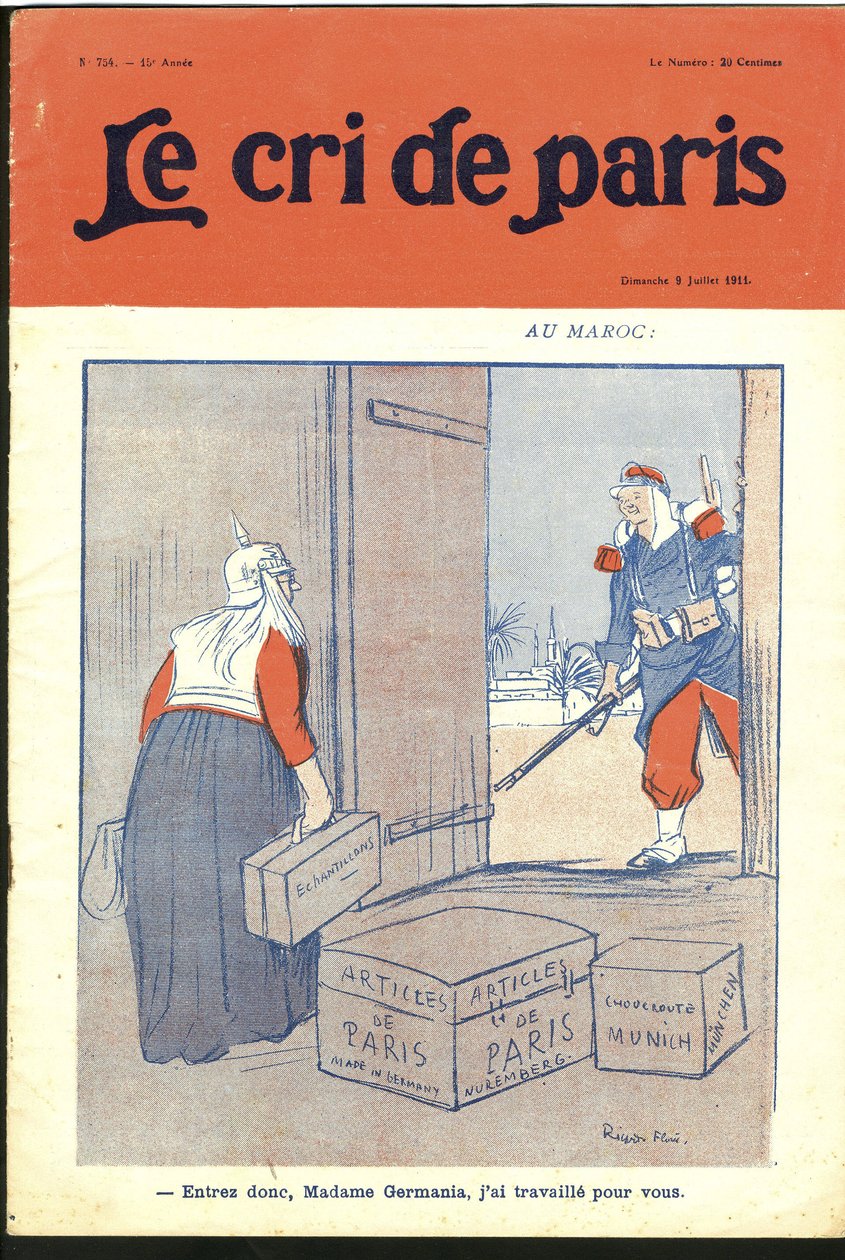 Ilustracja przedstawiająca Ricardo Floresa (1878-1918) na okładkę Le Cri de Paris, 09.07.11 - „” Wpisz tak droga madame, pracowałem dla ciebie.” - Niemcy Prusy, Maroko, Maghreb - Germania autorstwa Ricardo Flores