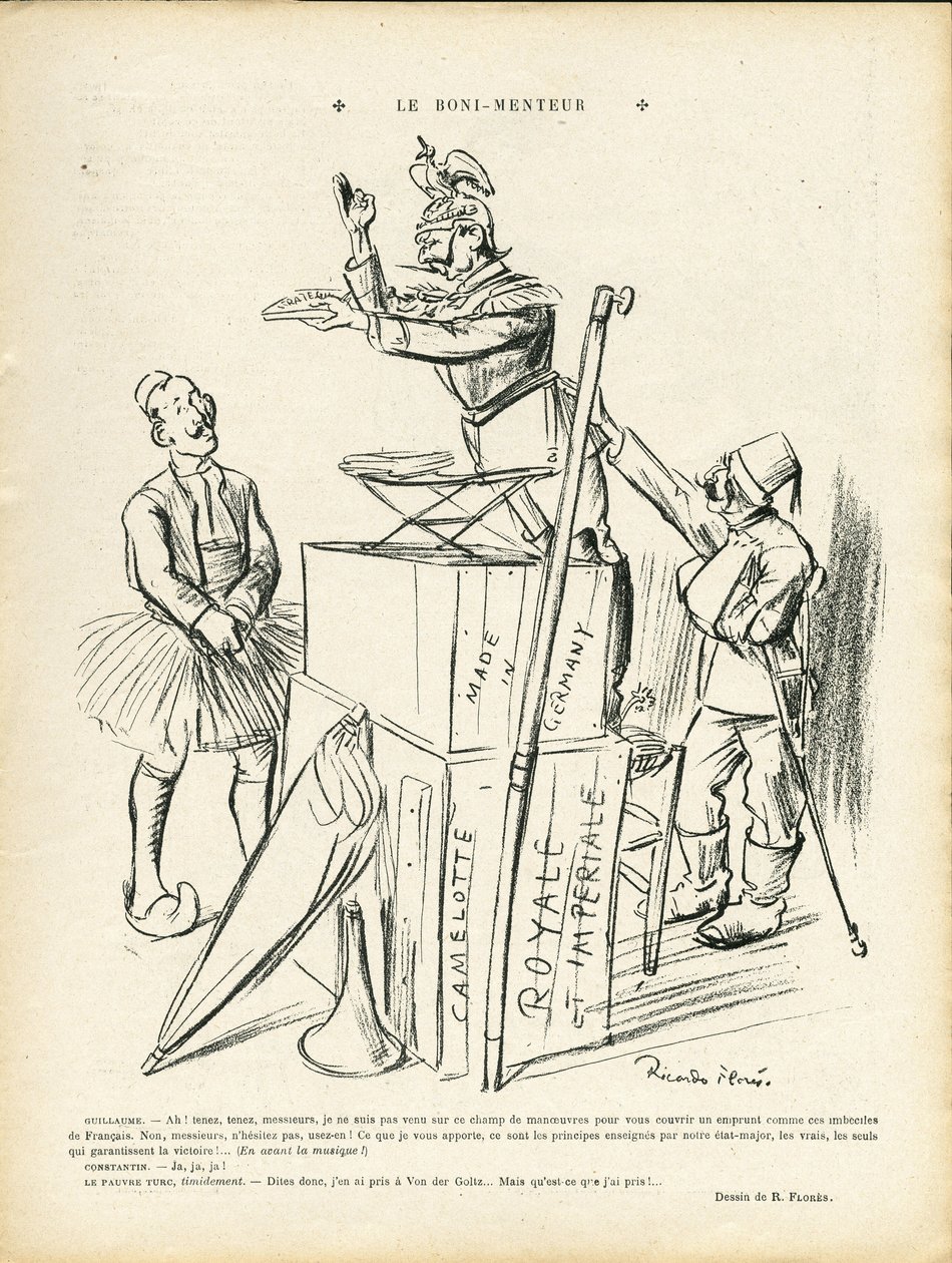 Ilustracja Ricardo Floresa (1878-1918) w Le Lire, 20.09.13 - Kłamca - Niemcy Prusy, Turcja, Wojna 14-18 Pierwsze myszy - Wilhelm II autorstwa Ricardo Flores