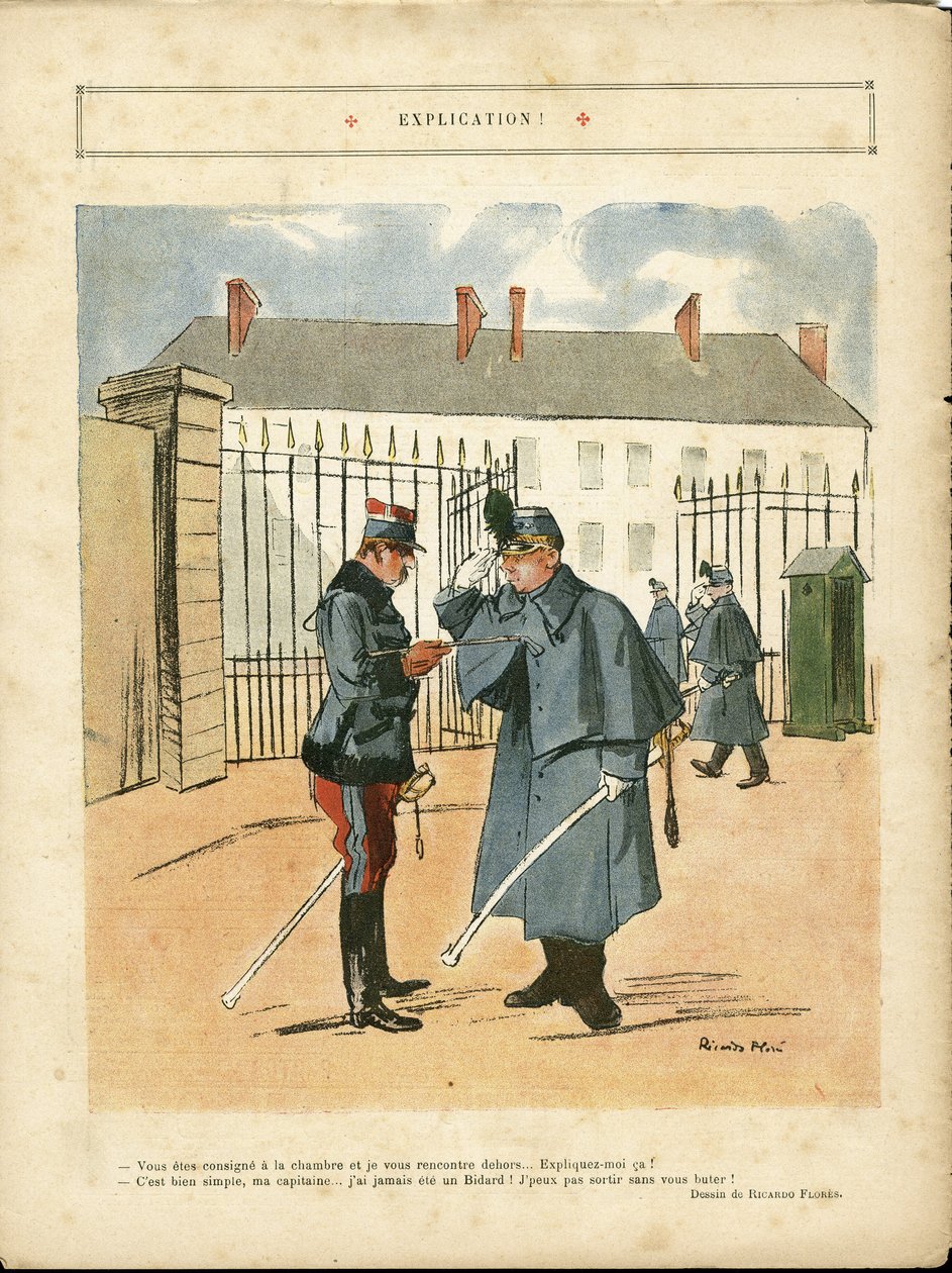 Ilustracja Ricardo Floresa (1878-1918) w Le Lire, 23.04.10 - Wyjaśnienie - Armee, Koszary autorstwa Ricardo Flores
