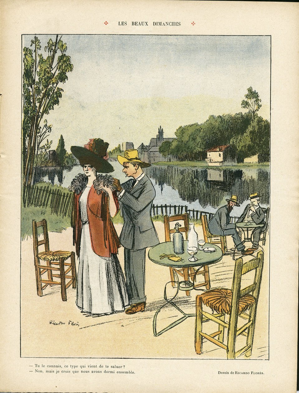 Ilustracja przedstawiająca Ricardo Floresa (1878-1918) w Le Rire, 04.07.08 - Piękne niedziele - wypoczynek, przyroda, roślinność, architektura urbanistyka, kawiarnie restauracyjne, nadmorskie wybrzeże autorstwa Ricardo Flores