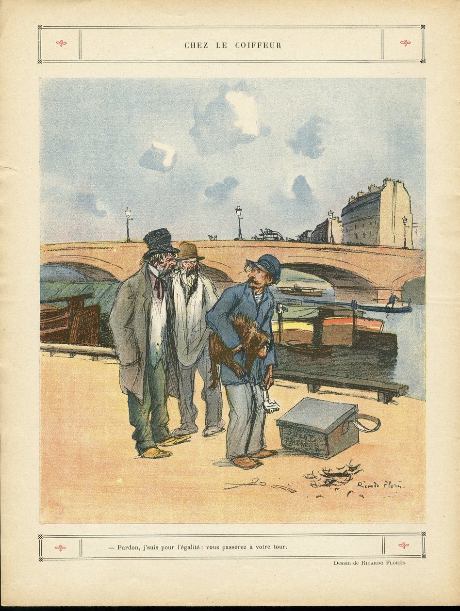 Ilustracja Ricardo Flores (1878-1918) w Le Rire, 05/10/12 - U fryzjera - Paryż, Zawody, Architektura Urbanistyka, Most, Rzeka Rzeka - Pies, Fryzjer autorstwa Ricardo Flores