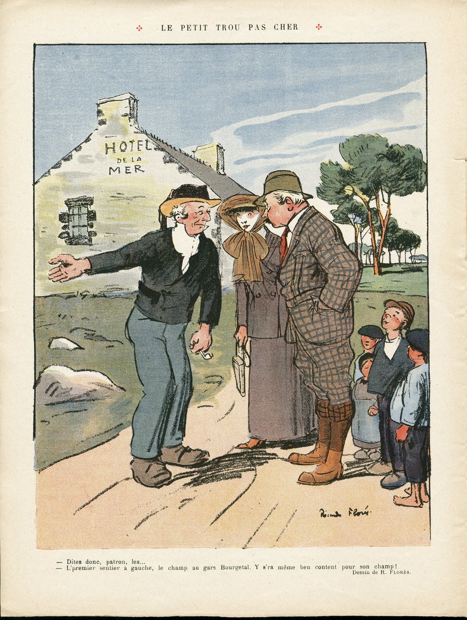 Ilustracja przedstawiająca Ricardo Floresa (1878-1918) w Le Rire, 20.07.12 - Tania mała dziura - Wieś, Moda, Morskie wybrzeże morskie, Moda męska, Turyści turystyczni, Hotel autorstwa Ricardo Flores