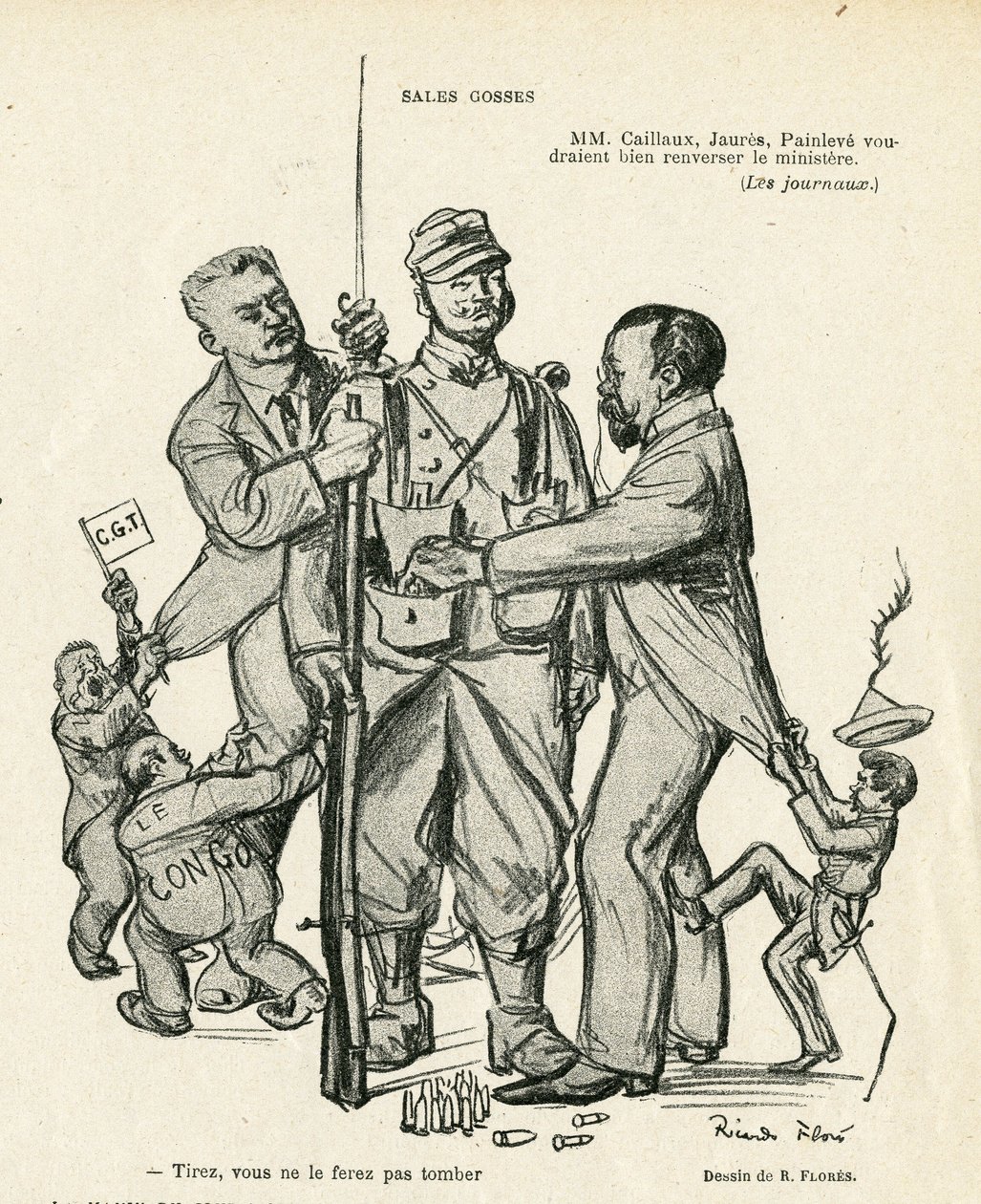 Ilustracja przedstawiająca Ricardo Floresa (1878-1918) w Le Rire, 21.06.13 - Sprzedaż dla dzieci - Armee, służba wojskowa, socjalizm - Jaures Jean, Caillaux Joseph (1863-1944), Painleve Paul (1863-1933) autorstwa Ricardo Flores