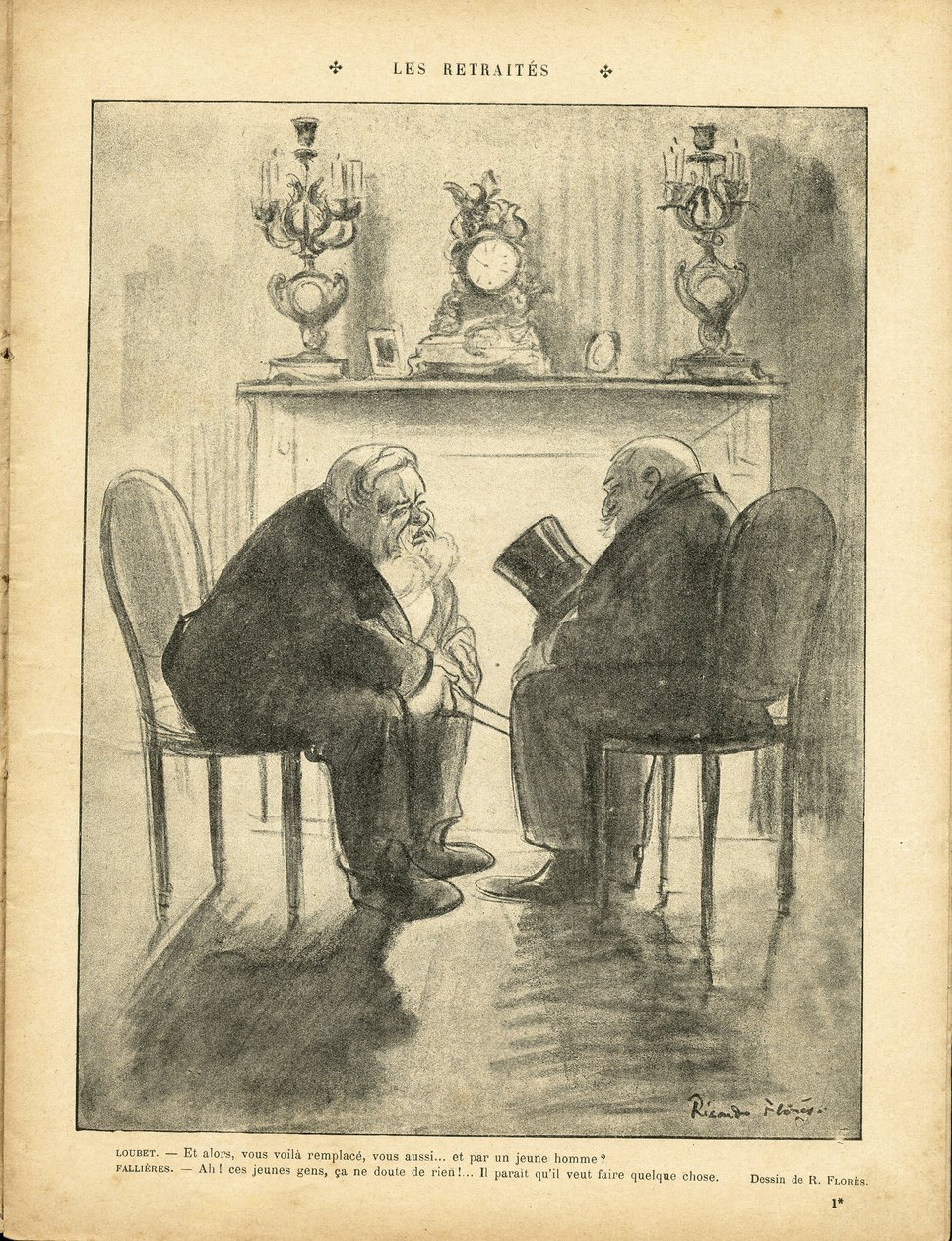 Ilustracja Ricardo Floresa (1878-1918) w Le Rire, 22.02.13 - Emerytury - Prezydent Republiki - Fallieres Armand (1841-1931), Loubet Emile autorstwa Ricardo Flores