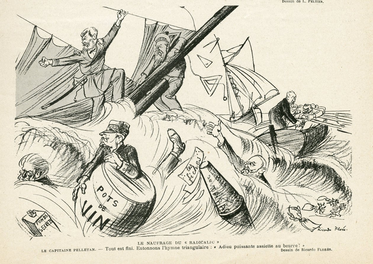 Ilustracja przedstawiająca Ricardo Floresa (1878-1918) w Le Rire, 25.05.12 - Radykalny wrak statku - Radykalizm, Morskie Wybrzeże, Palenie, Żeglarstwo, Tytoń - Combes Emile (1835-1921), Andre Louis (1838-1913) ), Pelletan Camille (1846-1915) - parod grafic autorstwa Ricardo Flores