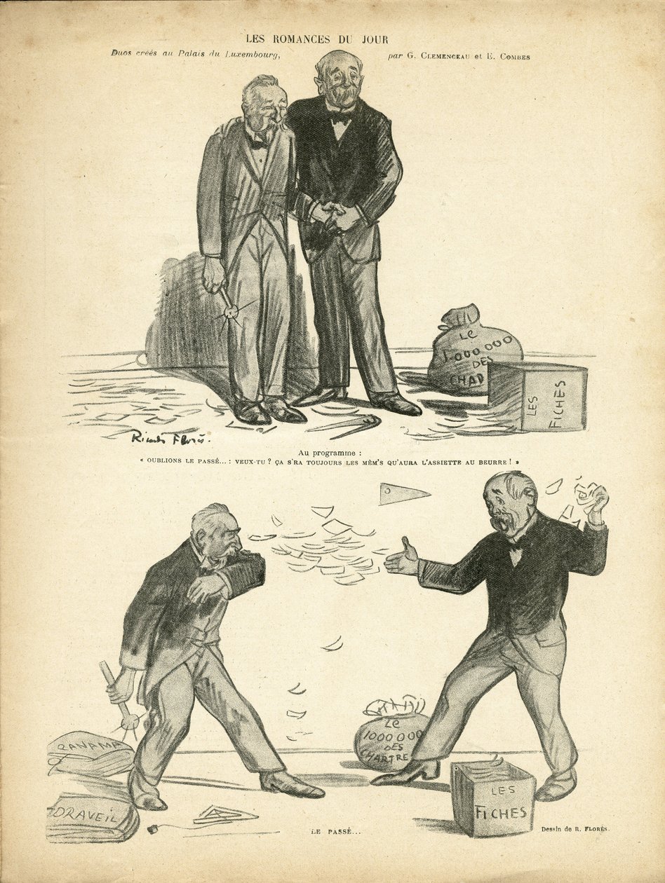 Ilustracja Ricardo Floresa (1878-1918) w Le Rire, 28.12.12 - Romans dnia - Sprawa Panamy, Sprawa rekordów, Represje - Milion Chartreux - Combes Emile (1835-1921), Clemenceau George autorstwa Ricardo Flores