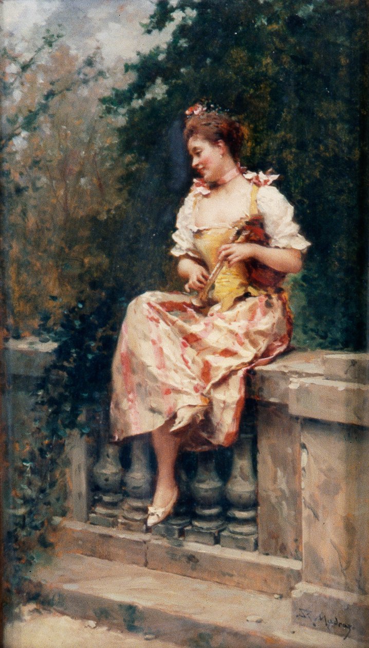 Dziewczyna z fletem, ok. 1895 (olej na płycie) autorstwa Ricardo de Madrazo y Garreta