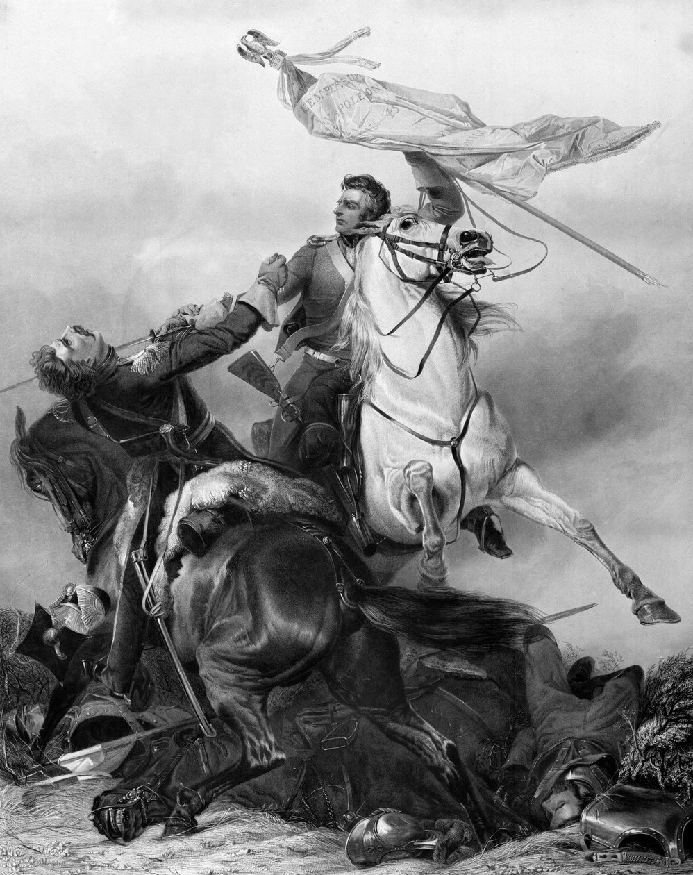 Fight for the Standard - Sierżant Ewart zdobywa orła francuskiego 45 Pułku pod Waterloo, 1815, po 1847 autorstwa Richard Ansdell