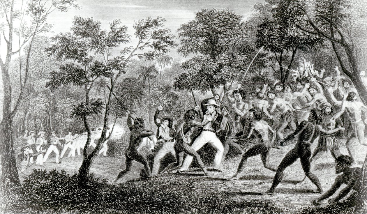 Atak tubylców z Wysp Gambier, grawerowany przez Edwarda Findena, 1831 autorstwa Richard B. Beechey