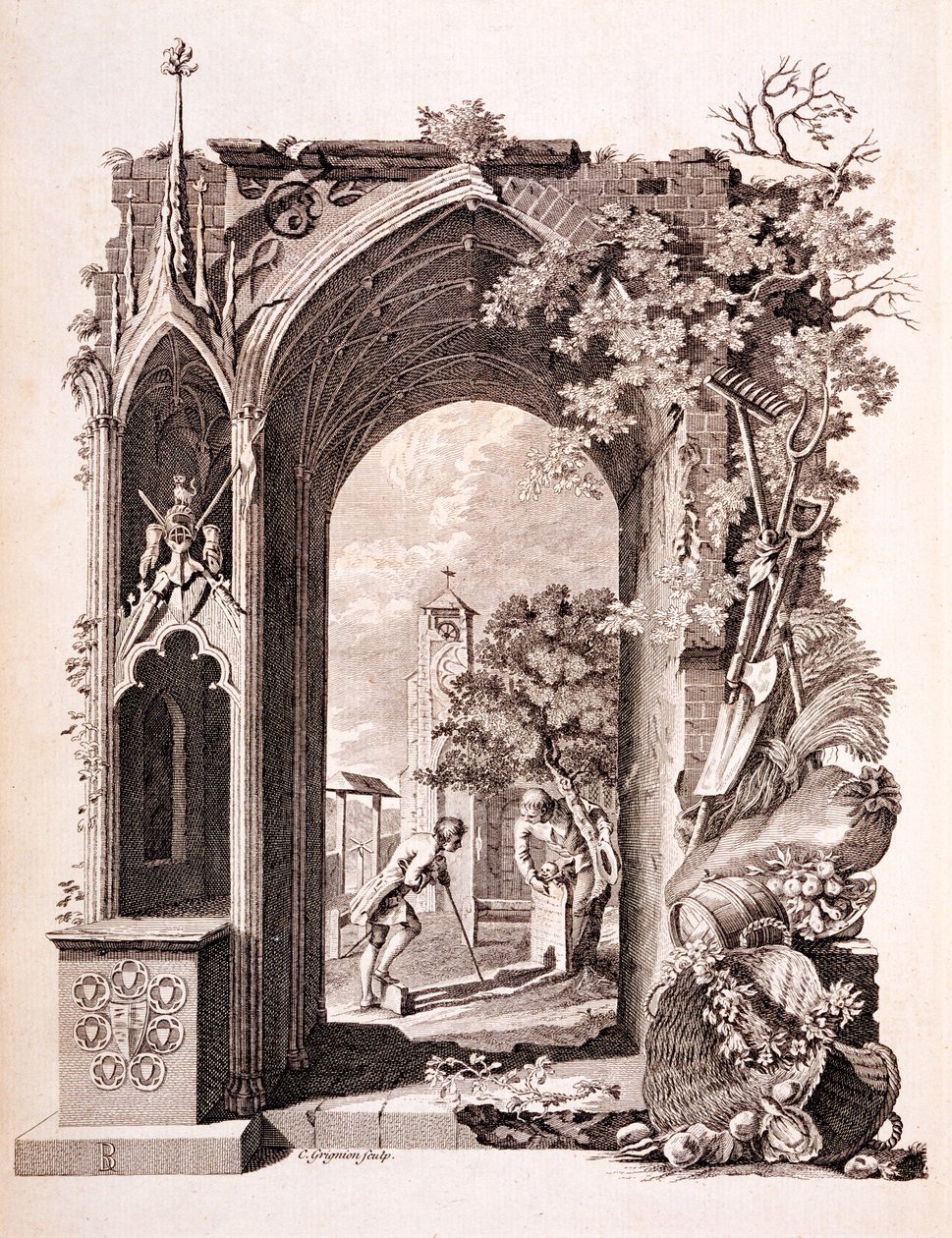 Elegia na wiejskim cmentarzu, ilustracja z "Sześciu wierszy Tomasa Graya", opublikowana w 1775 r. autorstwa Richard Bentley