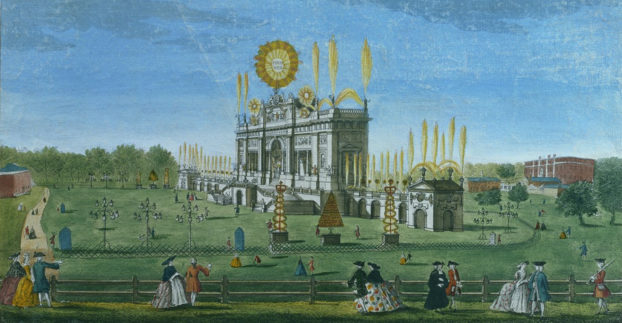 Widok perspektywiczny budynku dla fajerwerków w parku zielonym, zaczerpnięty ze zbiornika, rytowany przez Paula Angiera, 1749 autorstwa Richard Brookes