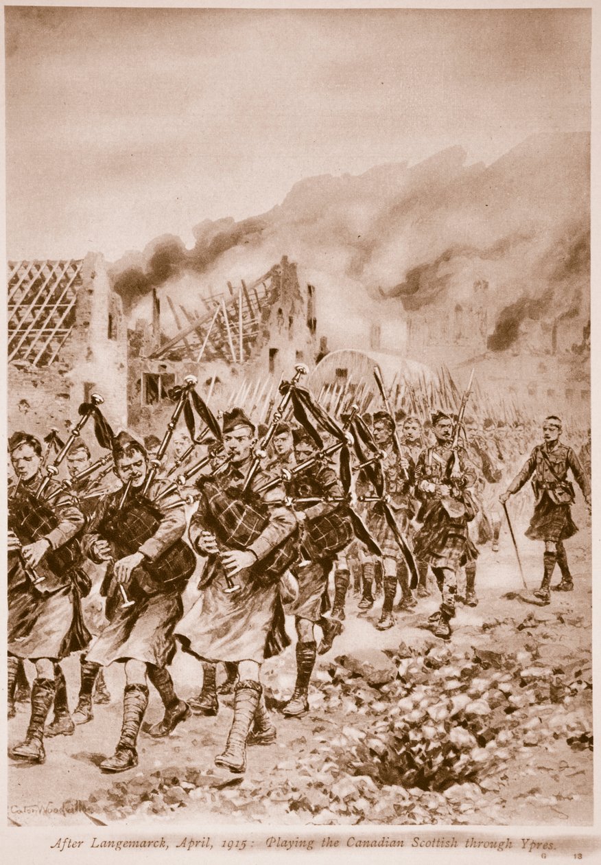 Po Langemarck, kwiecień 1915: Odgrywanie kanadyjskiego Szkota przez Ypres autorstwa Richard Caton Woodville junior