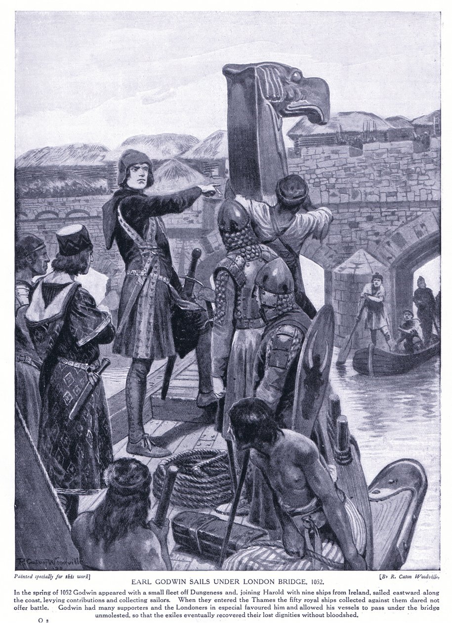 Earl Godwin żegluje pod London Bridge AD1025, 1920 autorstwa Richard Caton Woodville junior