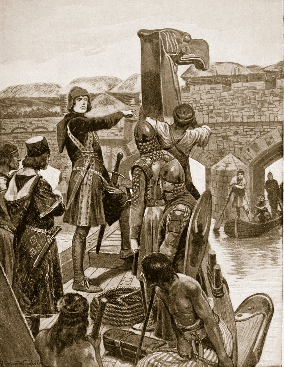 Earl Godwin żegluje pod London Bridge w 1052, aby dołączyć do swojego syna Harolda z 9 statkami z Irlandii, ilustracja z „Hutchinson