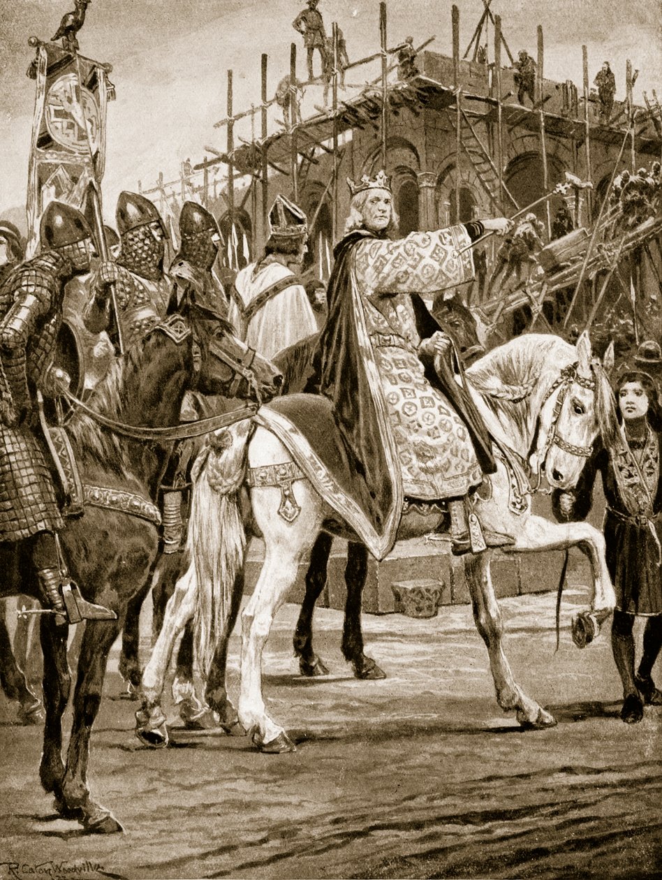 Edward Wyznawca obserwujący budowę Opactwa Westminsterskiego, pierwszego normańskiego kościoła wzniesionego w Anglii, ilustracja z "Hutchinson