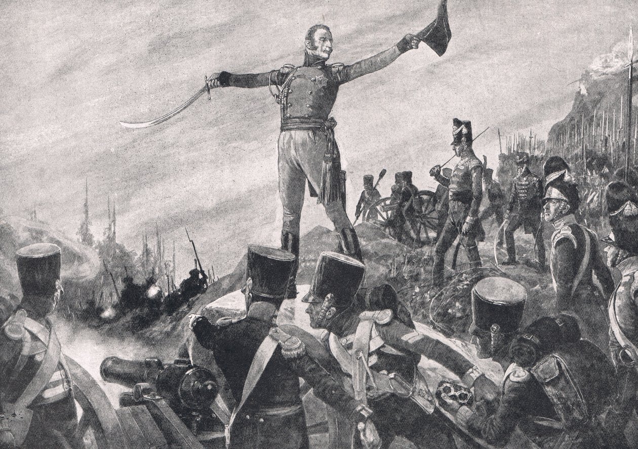 Generał Crawford wydaje rozkaz 43. i 52. pułkowi do natarcia, ilustracja z książki "British Battle on Land and Sea", wydanej przez Cassell, Londyn, ok. 1910 r. autorstwa Richard Caton Woodville junior