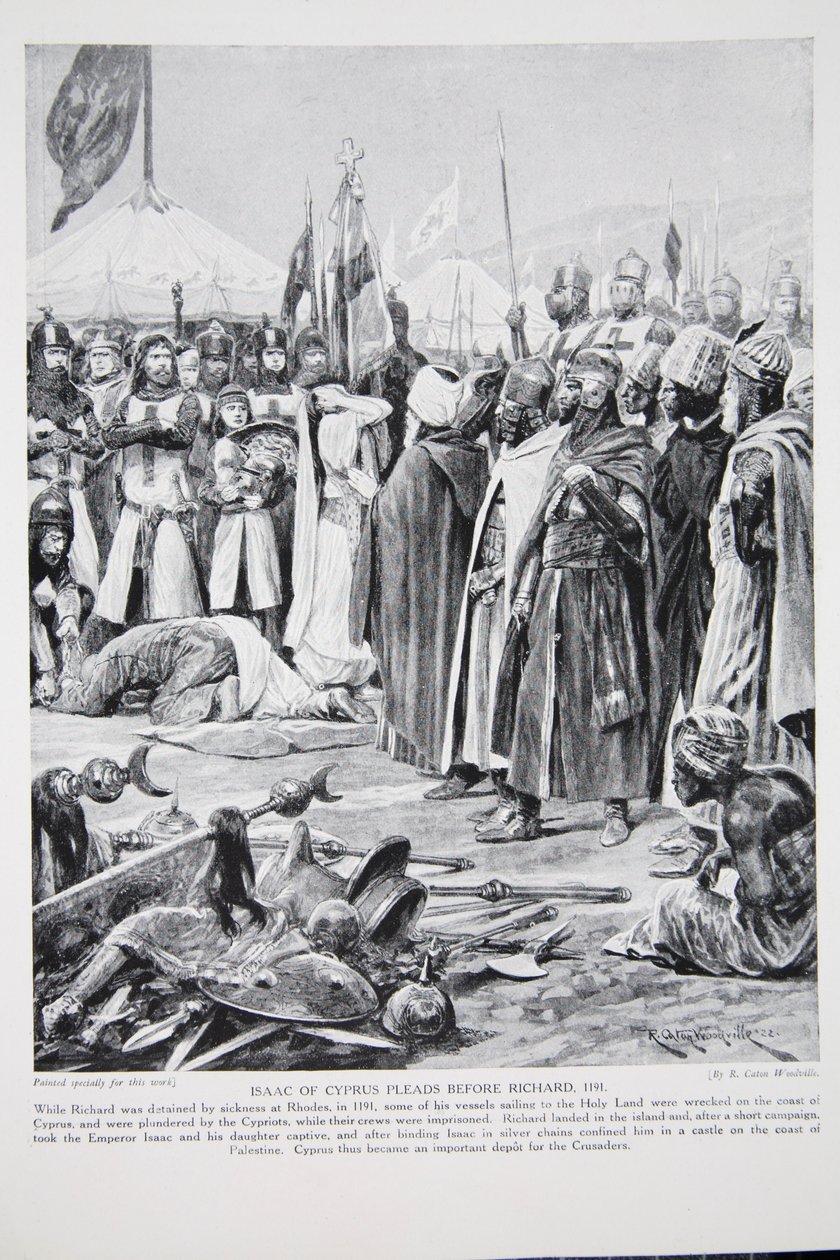 Izaak z Cypru błaga przed Ryszardem, 1191, ilustracja z 