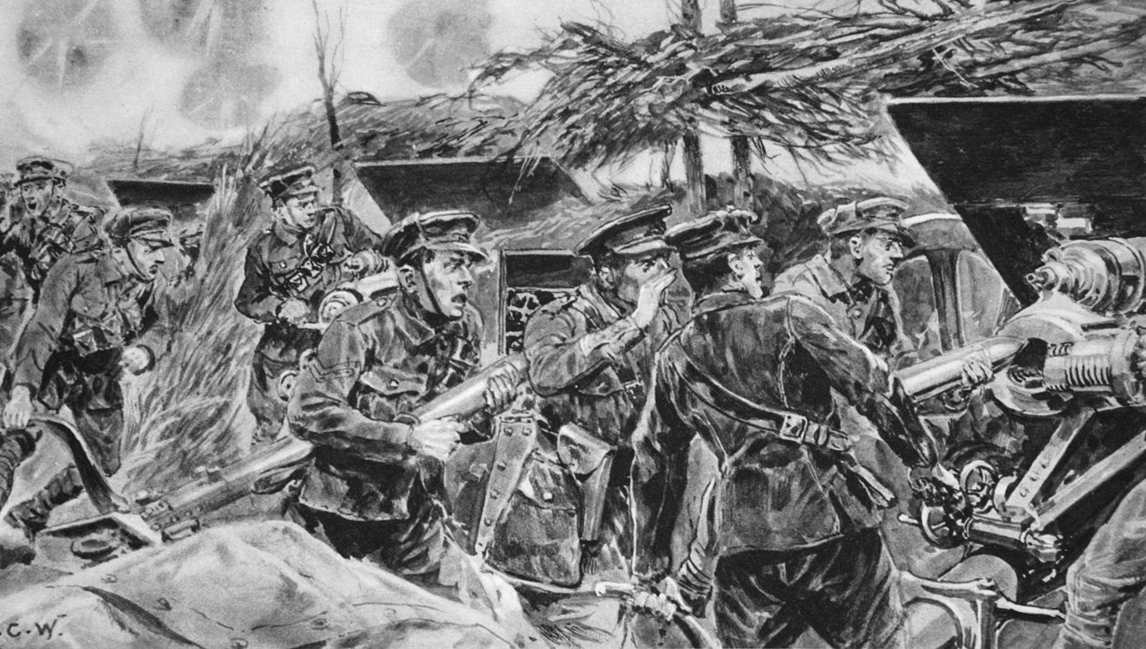 „Trzymaj otwarte usta!” Rozkaz zawsze niezbędny, gdy broń jest w akcji, z „Ilustrowanych wiadomości wojennych”, 1916 autorstwa Richard Caton Woodville junior
