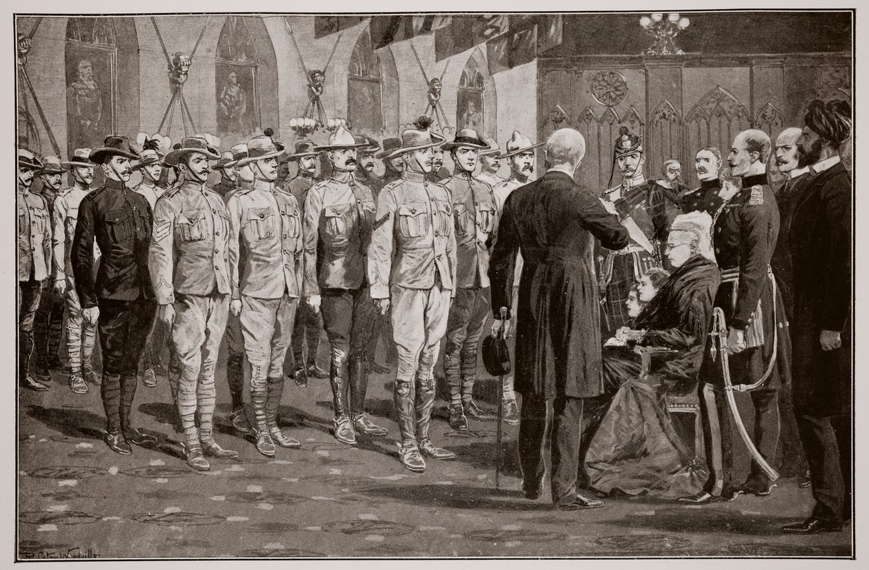 Inspekcja żołnierzy kolonialnych w zamku Windsor przez królową Wiktorię, 16 listopada 1900 autorstwa Richard Caton Woodville junior