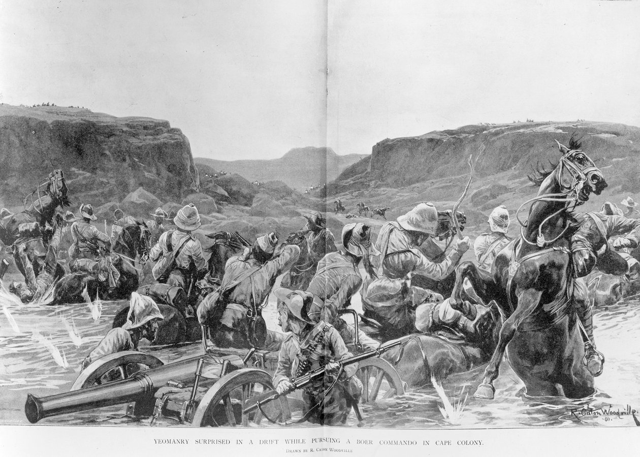 Yeomanry zaskoczył w dryfie podczas pościgu za burskim komandosem w Cape Colony autorstwa Richard Caton Woodville junior