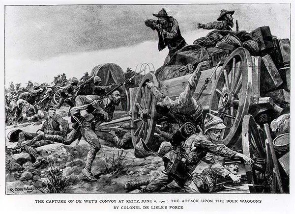 Zdobycie konwoju de Wets w Reitz, 6 czerwca 1901. Atak na wagony burskie przez pułkownika de Lisles Force autorstwa Richard Caton II Woodville