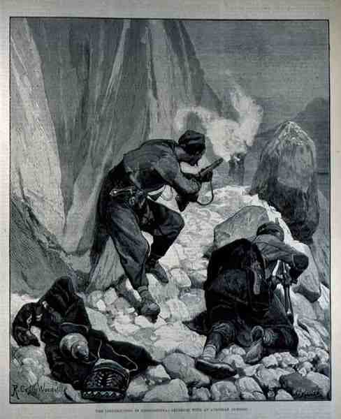 Powstanie w Hercegowinie: Skirmish with an Austrian Outpost (Potyczka z austriackim posterunkiem), wyryte przez W. I. Mosses, z The Illustrated London News, 18 marca 1882. autorstwa Richard Caton II Woodville
