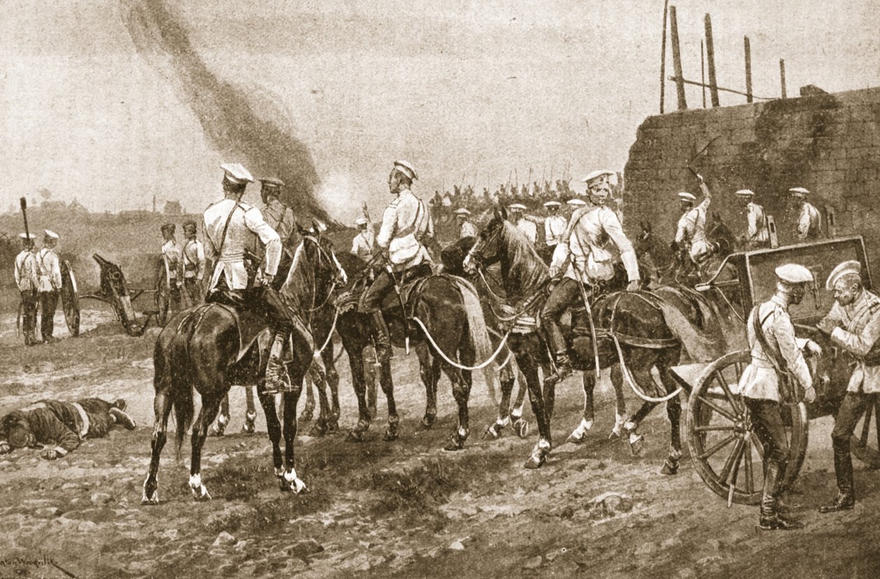 Rosyjska artyleria kozacka atakująca Chińczyków poza Pekinem, ilustracja z „Bitwy XIX wieku: tom. VII, The Chinese War of 1900-1901