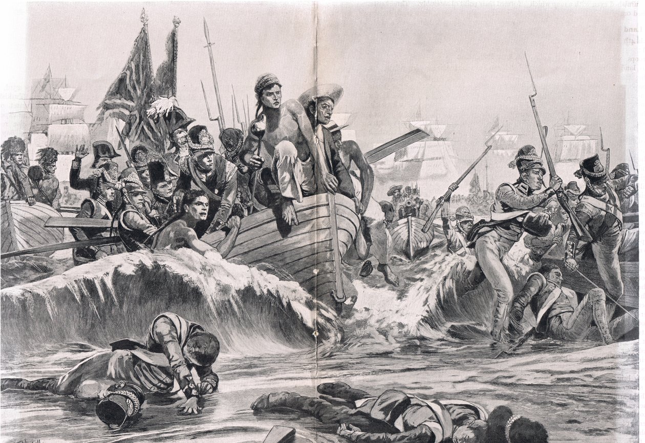 The Landing of the British Troops w Aboukir Bay, ilustracja z „British Battles on Land and Sea”, wydanej przez Cassell, Londyn, ok. 1910 autorstwa Richard Caton Woodville