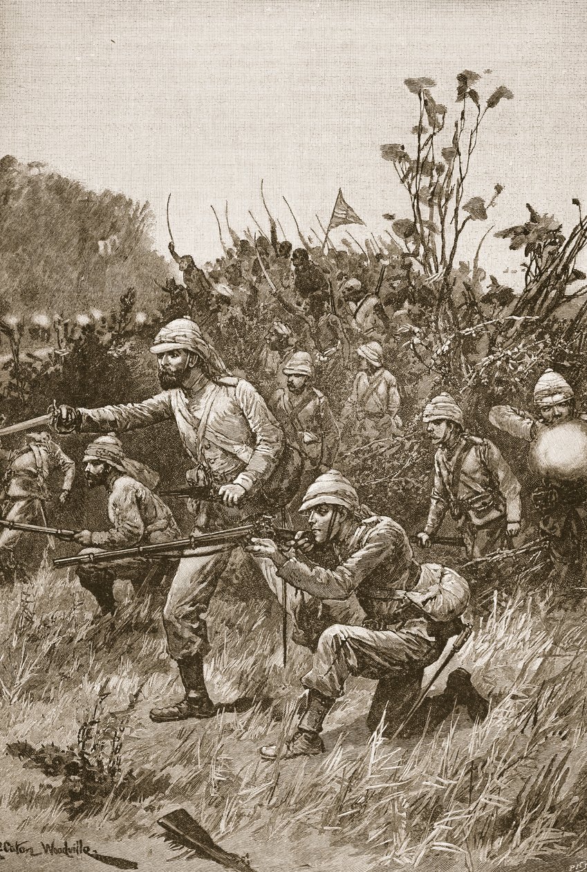 „Bardzo fajni mężczyźni prowadzili natarcie”, ilustracja z „Bitwy XIX wieku” autorstwa Archibalda Forbesa, G.A. Henty i major Arthur Griffiths autorstwa Richard Caton Woodville