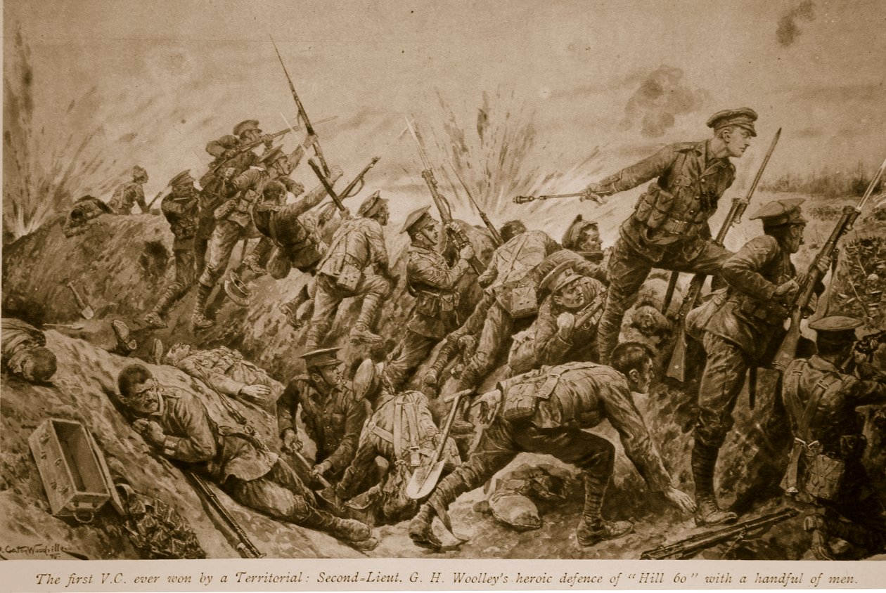 Pierwszy V.C. zdobyty przez Terytorialnego: podporucznika G.H. Bohaterska obrona „Wzgórza 60” Woolleya z garstką mężczyzn, 1914-19 autorstwa Richard Caton Woodville