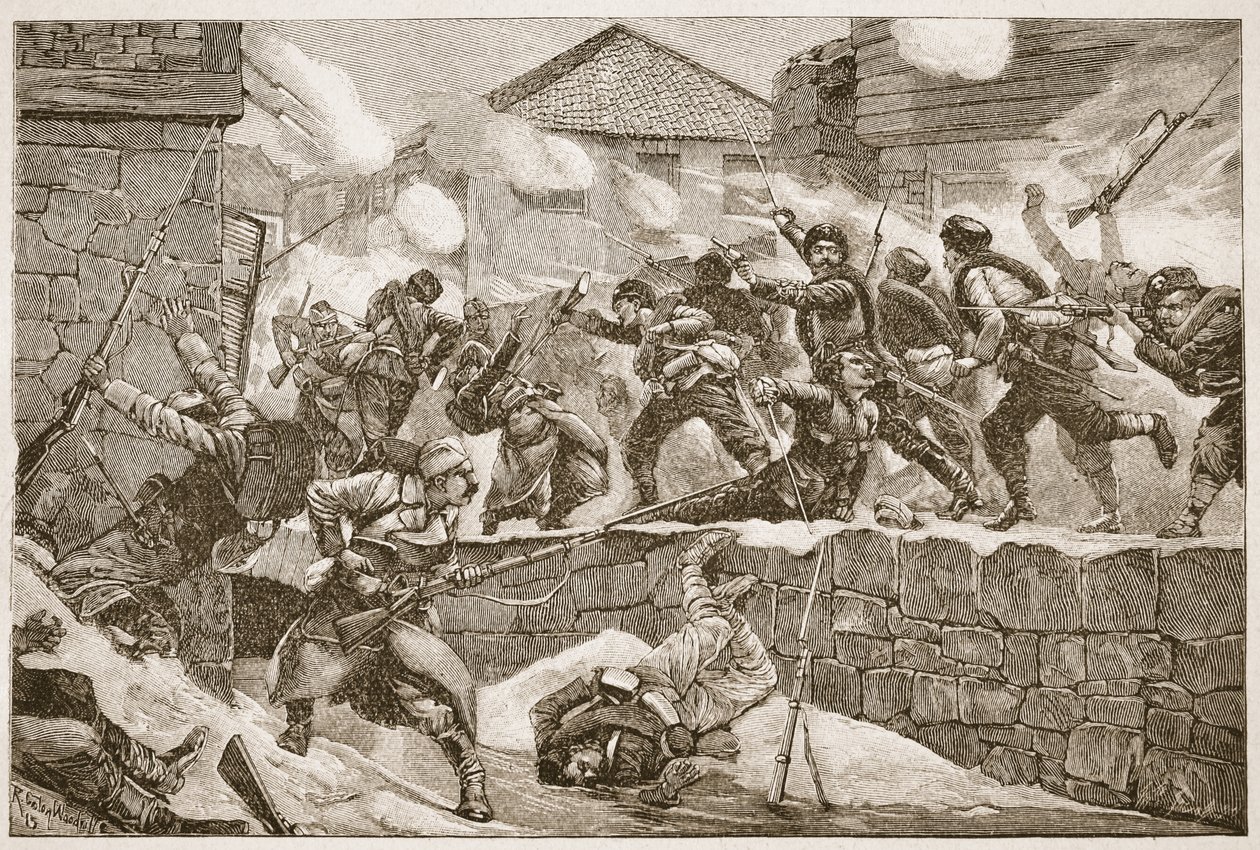 Brutalna kolumna bułgarska dokonała gwałtownego ataku na miasto, ilustracja z „Bitwy XIX wieku” autorstwa Archibalda Forbesa, G.A. Henty i major Arthur Griffiths autorstwa Richard Caton Woodville