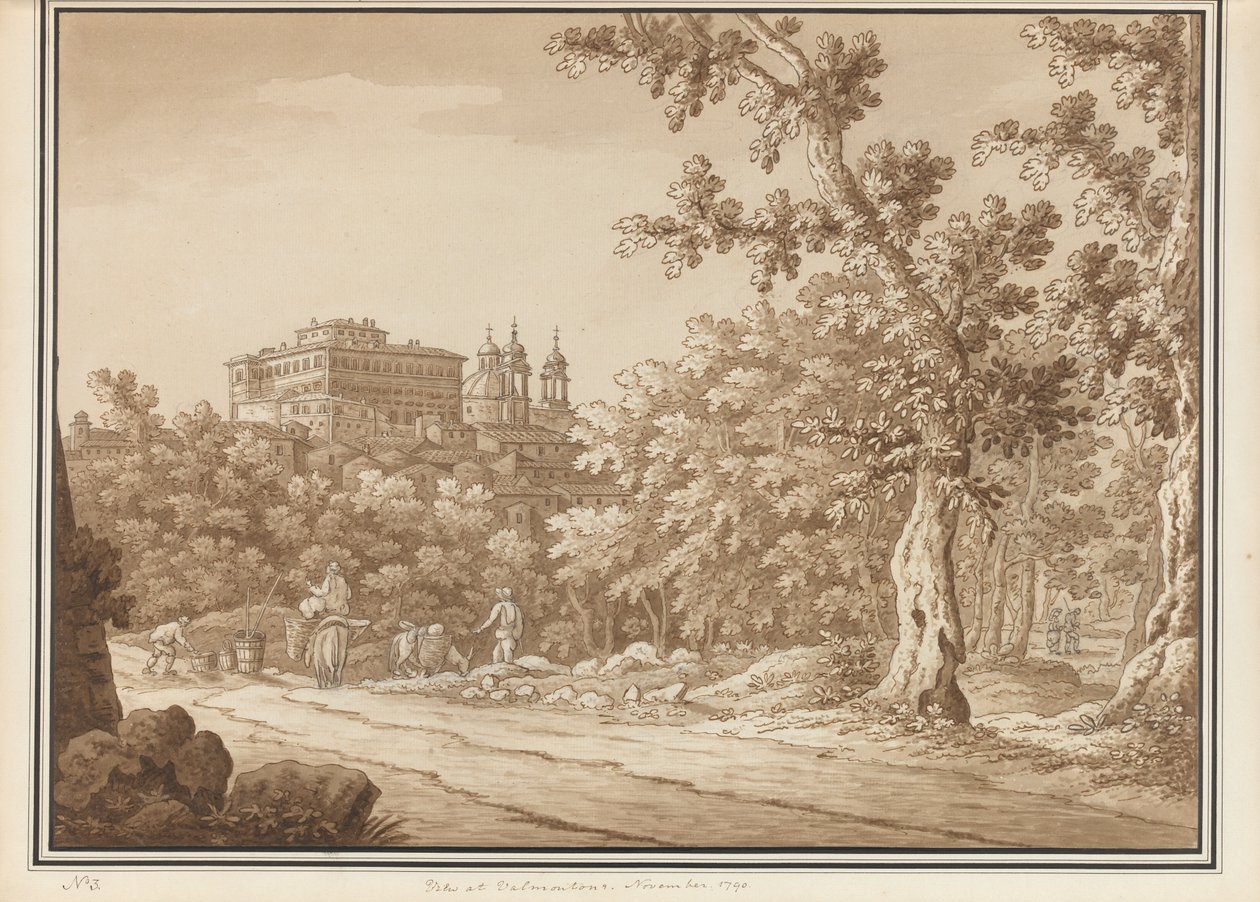Widok w Valmontone, z tomu 66 widoków zaczerpniętych z natury w okolicach Rzymu i Abruzji, listopad 1790 (pranie piórem i tuszem na papierze) autorstwa Richard Colt Hoare