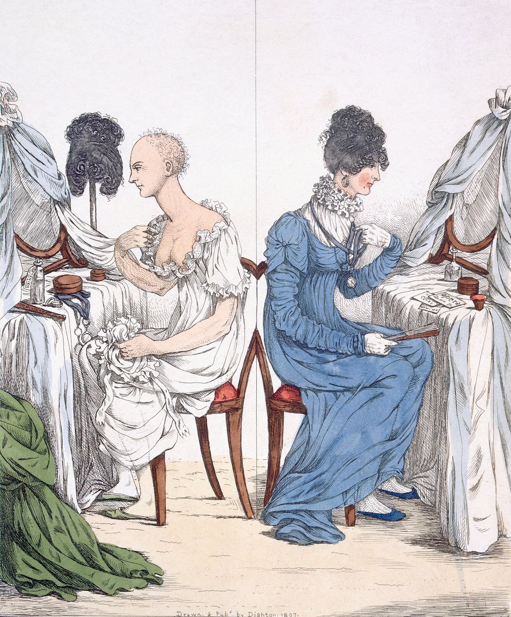 Modna dama, pub. 1807 (akwaforta barwna) 88:Regency belle bez peruki i sukni; autorstwa Richard Dighton