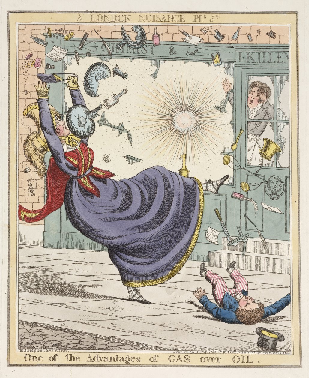 Jedna z przewag gazu nad ropą, płyta 5 z A London Nuisance, 1822 (akwaforta ręcznie kolorowana) autorstwa Richard Dighton