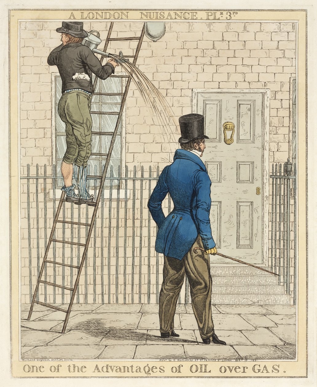 Jedna z zalet oleju nad gazem, płyta 3 z A London Nuisance, 1821 (akwaforta ręcznie kolorowana) autorstwa Richard Dighton