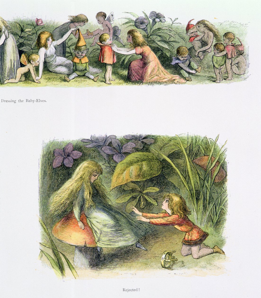 Dressing the Baby Elves i Rejected!, ilustracje z „In Fairyland: Seria obrazków ze świata elfów” autorstwa Williama Allinghama i Andrew Langa (patrz także 222018) autorstwa Richard Doyle