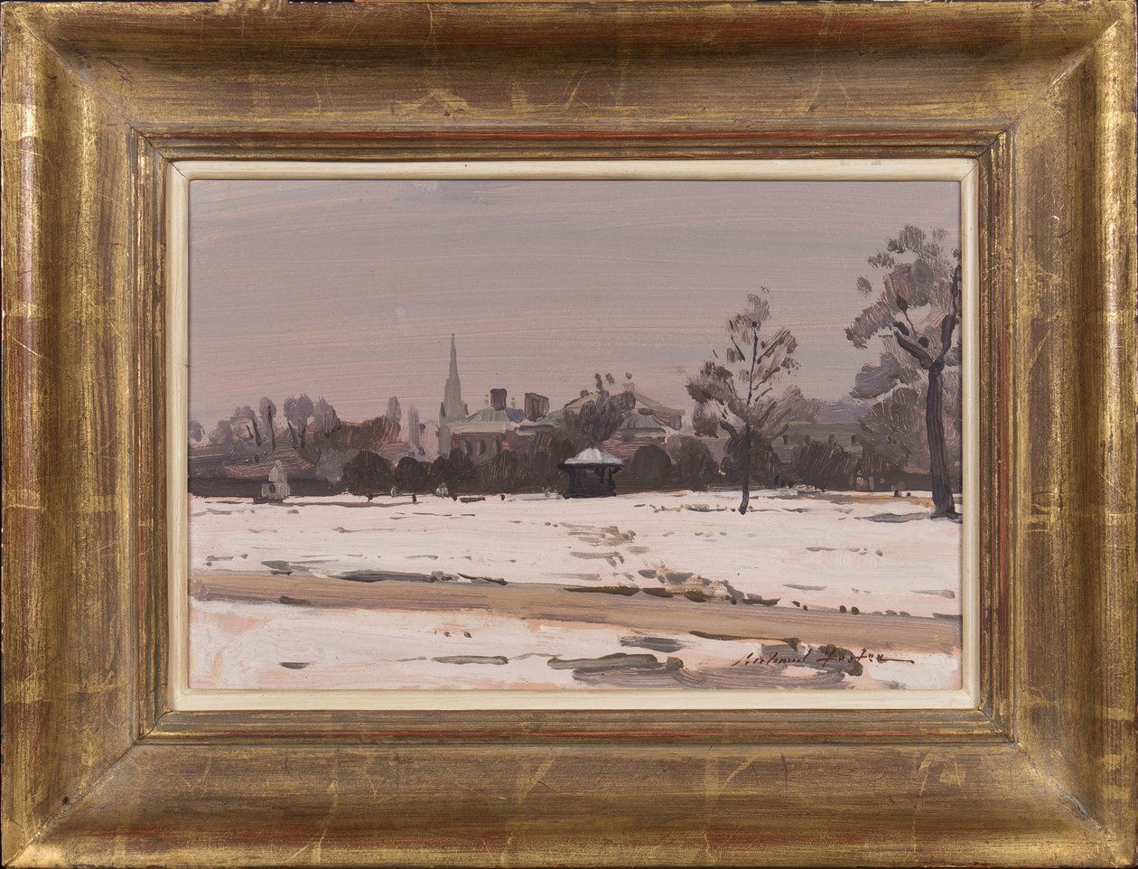 Zimowy zmierzch: Pałac Kensington, 1991 (olej na karcie) autorstwa Richard Foster