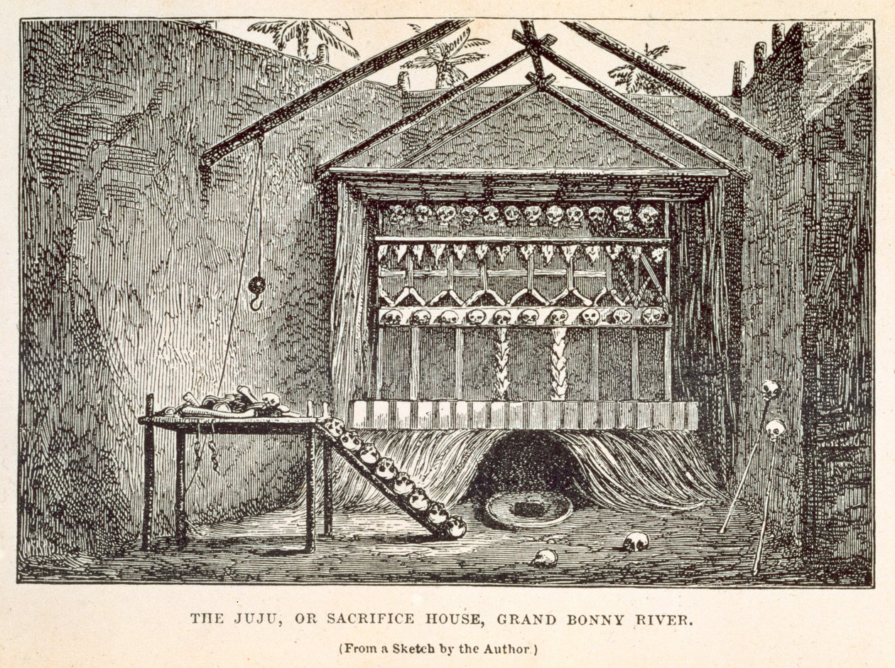 Juju, lub Sacrifice House, Grand Bonny River, z "Wędrówki w Afryce Zachodniej z Liverpoolu do Fernando Po", przez Richarda F. Burtona, wyryte przez Tinsley Brothers, 1863 autorstwa Richard Francis Burton