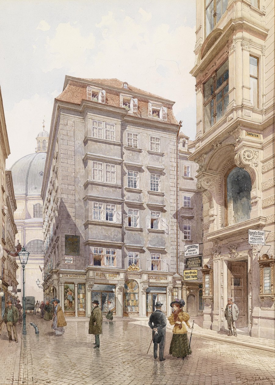 Sklep odzieżowy Albert Hardt na Freisingergasse, z tyłu Peterskirche autorstwa Richard Moser