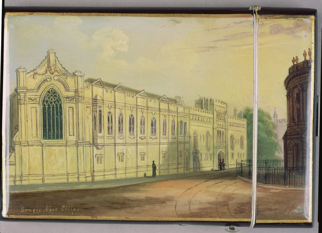 Wiktoriańskie etui na karty, ze sceną z Brasenose College, Oxford (papier mache) autorstwa Richard Phene and Benjamin W. Spiers