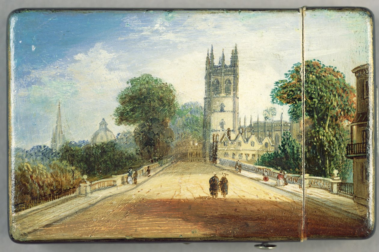 Wiktoriański kartonik ze sceną Magdalen College w Oksfordzie (papier mache) (patrz 256309 na odwrocie) autorstwa Richard Phene and Benjamin W. Spiers