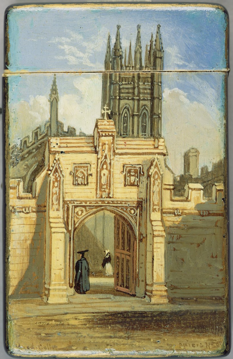 Wiktoriański kartonik ze sceną Magdalen College w Oksfordzie (papier mache) (patrz 256310 na odwrocie) autorstwa Richard Phene and Benjamin W. Spiers