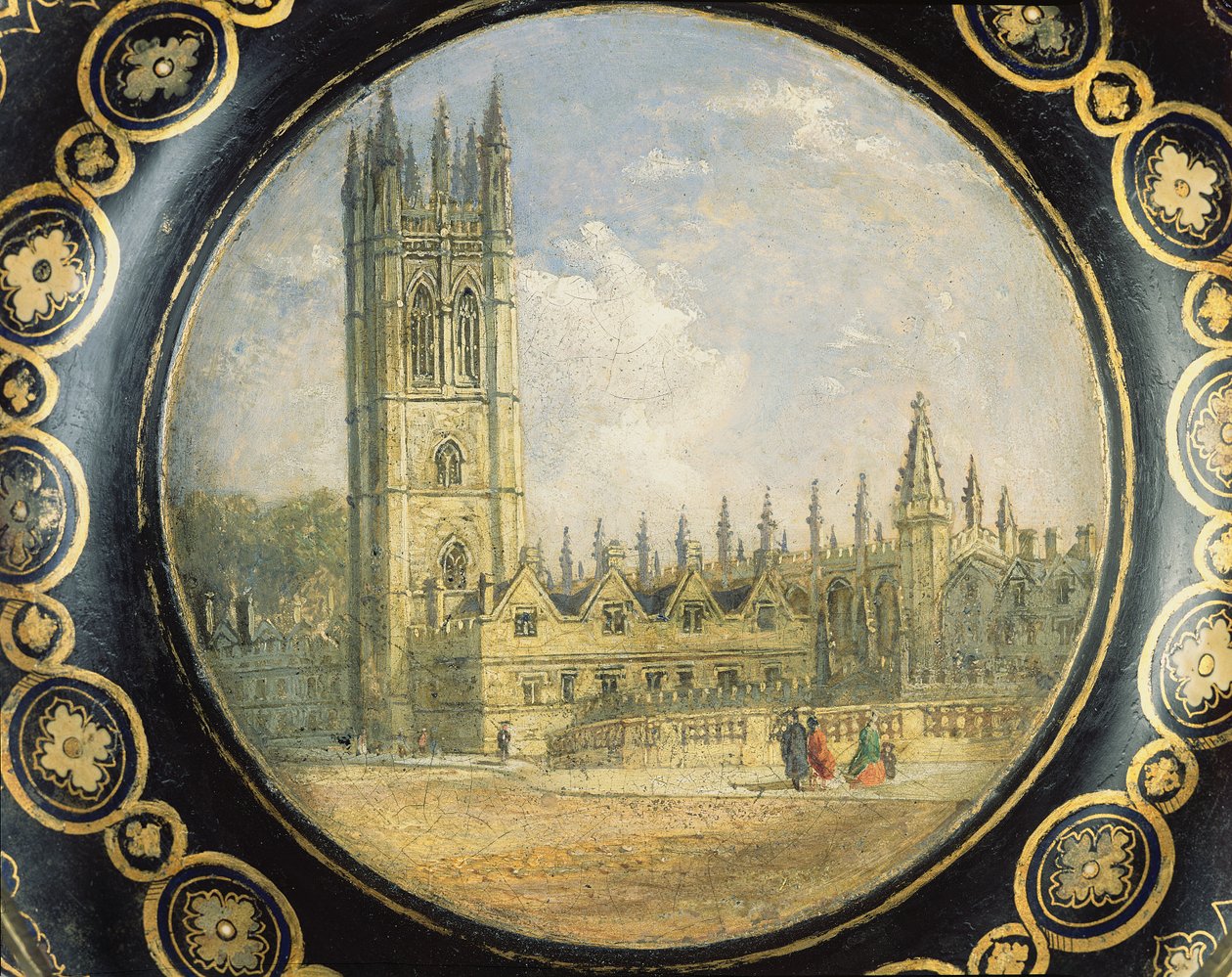 Wiktoriańska taca na karty ozdobiona sceną Magdalen College w Oksfordzie (papier mache) autorstwa Richard Phene and Benjamin W. Spiers