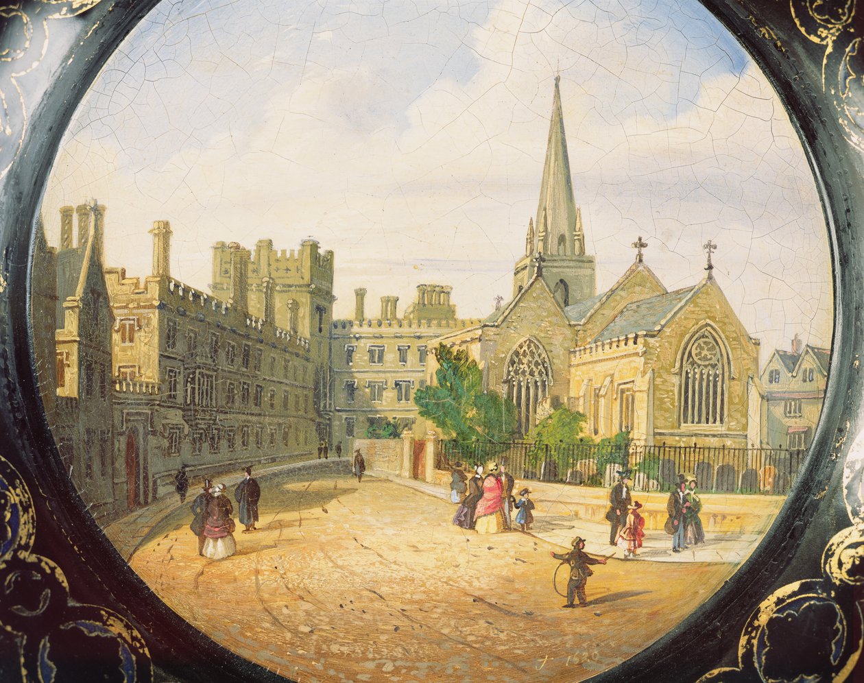 Wiktoriańska taca na karty ozdobiona sceną z Pembroke College, Oxford i kościołem St. Aldate