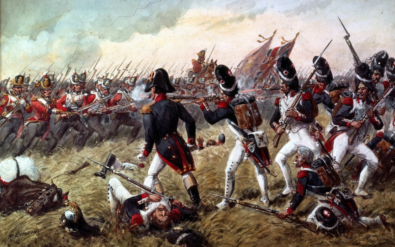 3 pułk gwardii pieszej odpierający ostatnią szarżę starej gwardii w bitwie pod Waterloo, 18 czerwca 1815 r. autorstwa Richard Simkin